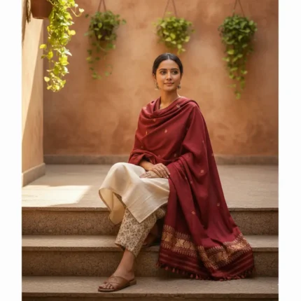 Mehfil Maroon Weave Eri Silk Shawl Muga Work