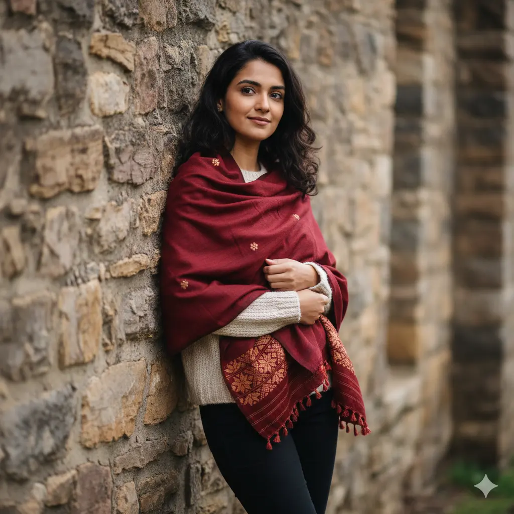 Mehfil Maroon Weave Eri Silk Shawl Muga Work