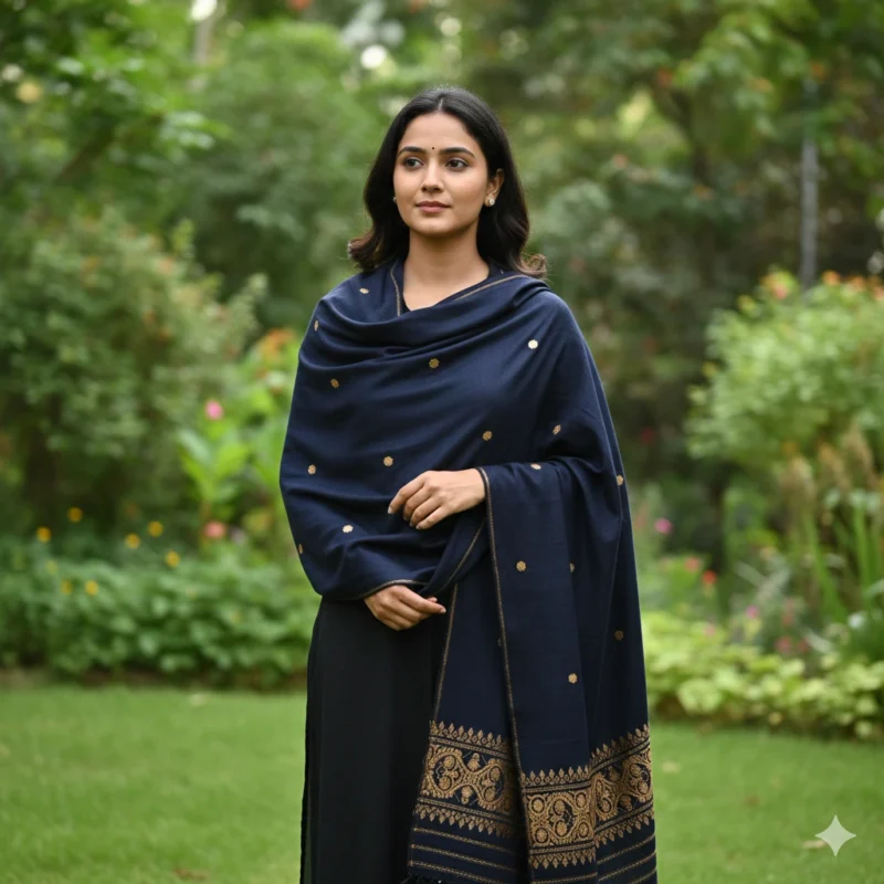 Floral Noir Elegance Eri Silk Shawl Muga Work