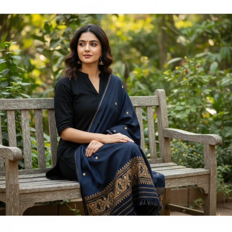 Floral Noir Elegance Eri Silk Shawl Muga Work