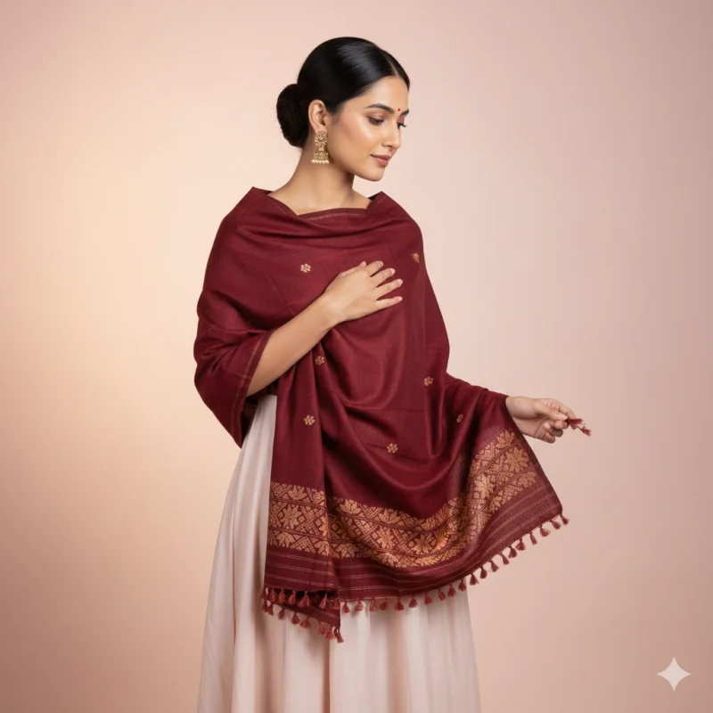 Maroon Melody Eri Silk Stole Muga Work