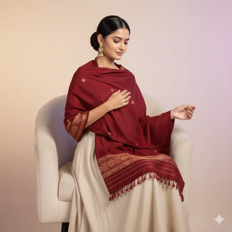 Maroon Melody Eri Silk Stole Muga Work