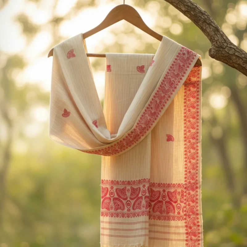 Red Mayura Weave Side Border Shawl