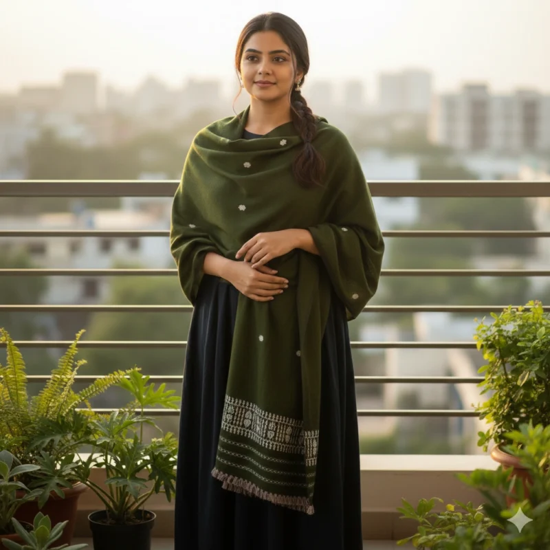 Olive Bloom Eri Silk Stole Eri Work
