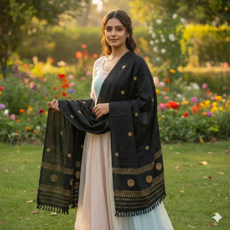 Midnight Heritage Eri Silk Stole Muga Work