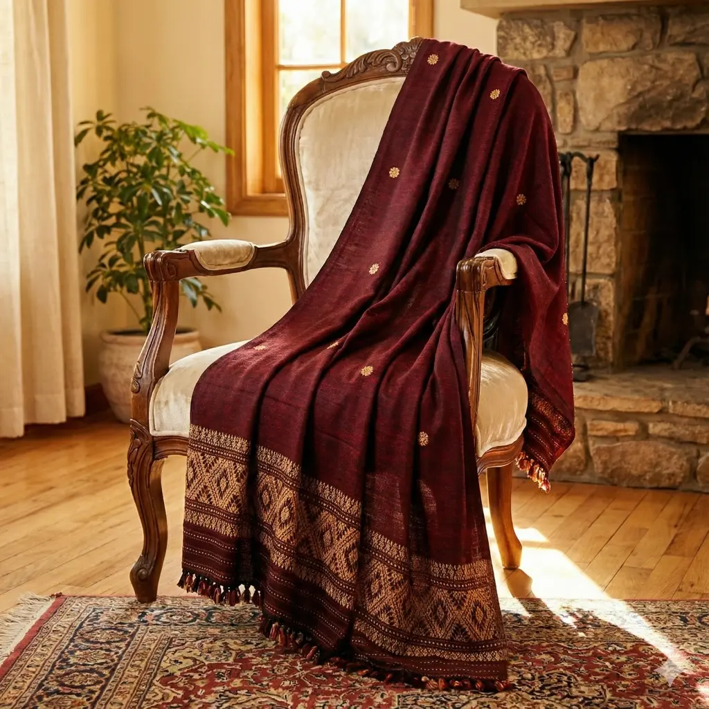 Crimson Weave Elegance Eri Silk Shawl Muga Work Crimson Weave Elegance Eri Silk Shawl Muga Work