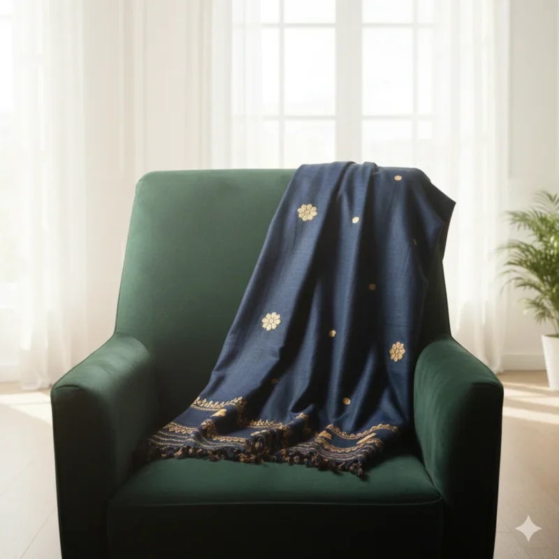 Indigo Reverie Eri Silk Shawl Muga Work