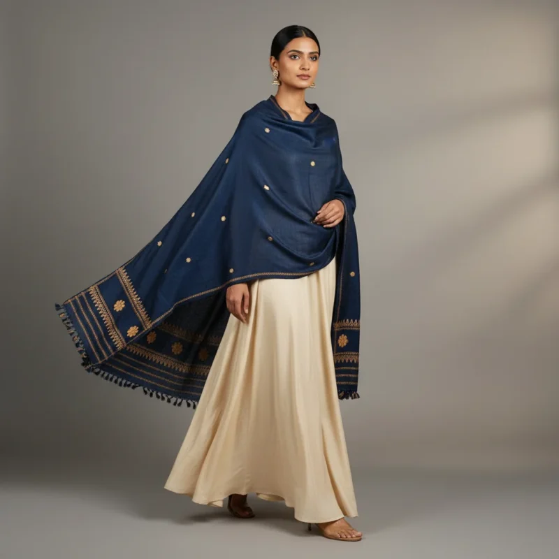Indigo Reverie Eri Silk Shawl Muga Work