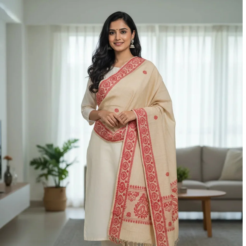 Kumkum Aura Handwoven Side Border Stole Kumkum Aura Handwoven Side Border Stole